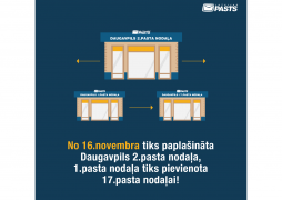 No 2022.gada 16.novembra paplašina Daugavpils 2.pasta nodaļu, 1.pasta nodaļas funkcijas pārņems 17.pasta nodaļa