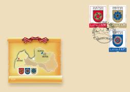 Latvijas Pasts makes addition to series Coats of Arms of Latvian Towns and Municipalities by releasing three stamps that depict coats of arms of Alsunga, Beverīna and Smiltene Municipalities