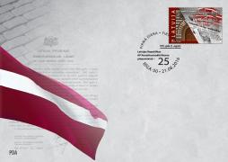 The stamp dedicated to the 25th anniversary of the law on restoration of the statehood of the Republic of Latvia to be presented at the Saeima
