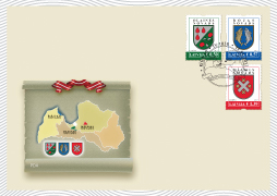 Latvijas Pasts releases three new self-adhesive stamps in the series Coats of Arms of Latvian Towns and Municipalities