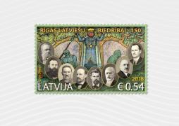 Latvijas Pasts izdod pastmarku Rīgas Latviešu biedrības 150.gadadienā