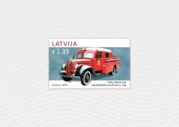 The newest stamp in the Latvian Automobile Construction series features the elegant fire engine Ford-Vairogs V8 (81C) 
