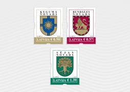 Latvijas Pasts issues three self-adhesive stamps in the series The Coats of Arms of Latvian Towns and Municipalities
