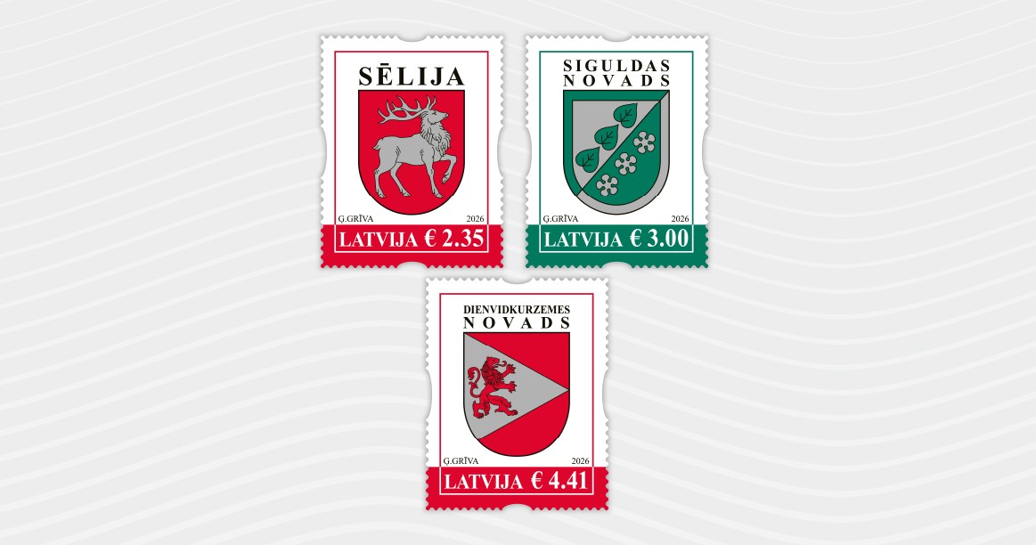 Pastmarkas_gerboni Izdos pastmarkas ar Sēlijas, Siguldas un Dienvidkurzemes novadu ģerboņiem